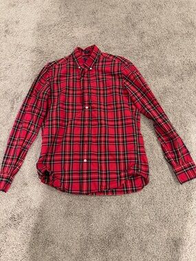 J. Crew Red Plaid Button-Down Shirt with Black and Yellow Accents